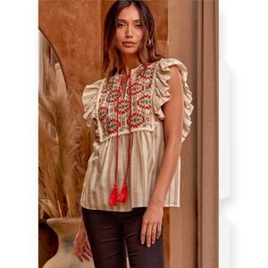 Savanna Jane Cream Striped Embroidered Ruffle Sleeve Blouse with Red Tassels